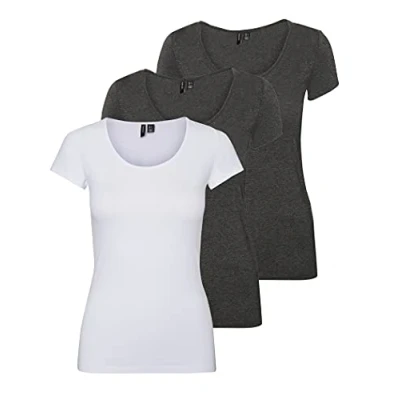 Image of VERO MODA Women&#039;s Vmmaxi My Ss Soft U Neck Noos T Shirt, Grey (2 x Dark Melange / 1 White), Large