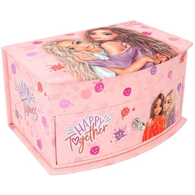 Image of Depesche 12437 TOPModel Happy Together Small Pink with Smiley Pattern and Model Motif, Jewellery Box Mirror Hinged Lid, Multicoloured