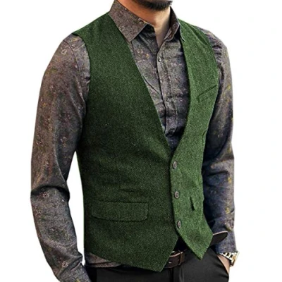 Image of AeoTeokey Men&#039;s Tweed Vintage Suit Vest Casual Herringbone Wool Wedding Groomsmen Waistcoat(S,Green)