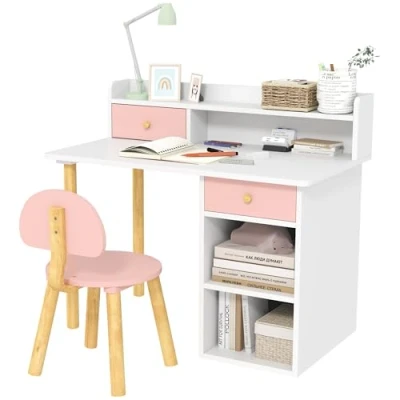 Image of AIYAPLAY Kids Desk and Chair Set, Children Study Table with Hutch, Storage Drawer, Shelves, for Studying, Reading Drawing, Ages 3 8 Years Old Pink