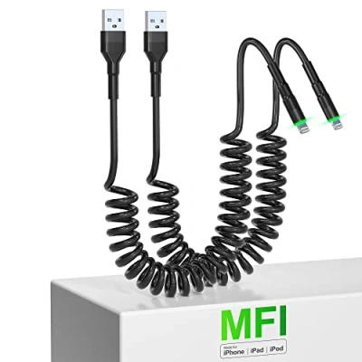 Image of Coiled iPhone Car Charger Cord 2 Pack, Apple Carplay Compatible &amp; MFi Certified, Short USB to Lightning Cable with Data Transmission and LED, Retractable for iPhone/Pad/Pod