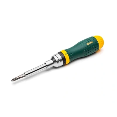 Image of SATA ST09350 19 in 1 Multipurpose Ratcheting Screwdriver Set with 8 Double Sided Bits and a Green Yellow Oil Resistant Handle