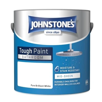Image of Johnstone&#039;s Bathroom Paint Brilliant White Mid Sheen Finish Stain Blocker Use in Moist &amp; Damp Areas Low Odour Dry 1 2 Hours 12m2 Coverage per Litre 2.5L