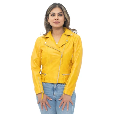 Image of Ladies Leather Jacket Classic Biker Style Yellow Real Womens 2XL