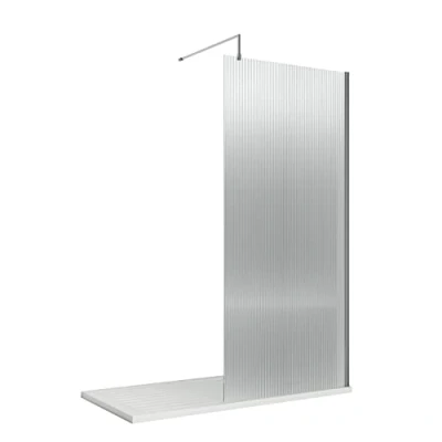 Image of Hudson Reed WRFL19510 Fluted Modern Bathroom 8mm Toughened Safety Glass Wetroom Screen with Support Arm, 1950mm x 1000mm, Chrome