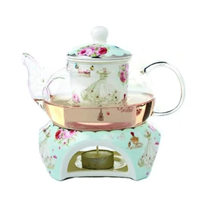 Image of YBK Tech Bone China and Glass Coffee Pot Teapot with Warmer Tea Infuser (Blue (Rose Dress Patterns))