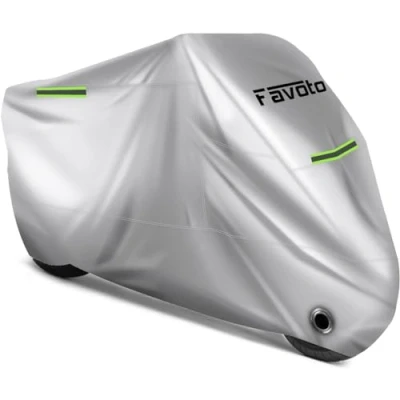 Image of Favoto Motorcycle Cover Waterproof Outdoor Motorbike Vehicle 96.5&quot; Long XXL All Reason UV Protection with Night Reflective Strips Windproof Buckle Lock Holes Storage Bag Silver