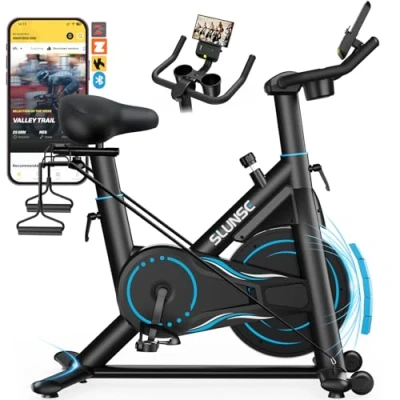 Image of SLUNSE Exercise Bike for Home Use, Adjustable Magnetic Resistance Spin with Smart APP, Gym Equipment Stationary Dumbbell Rack, Pull Cord, Large Non slip Mat, 180KG Weight Capacity
