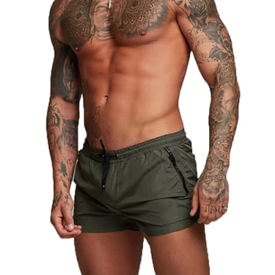 Image of TMEOG Swimming Shorts Men Swim Trunks Gym Board Mens Swimwear Quick Dry Beach with Zipper Pockets Men&#039;s &amp; Trunks(Army Green,L)