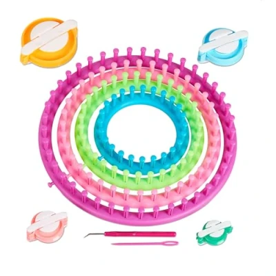 Image of Relaxdays Knitting Loom Set, 4 Frames, Round Rings, Children &amp; Adults, Hat Scarf, Ø 28cm, 24cm, 19cm, 14cm, Colourful, 3.5 x 28 cm
