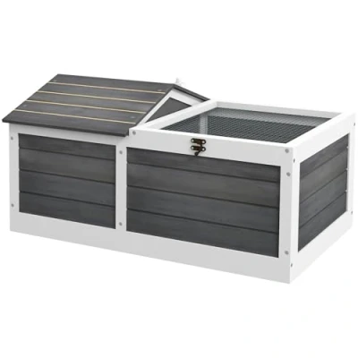 Image of PawHut Wooden Tortoise House Small Pet Reptile with Hide Shelter Den and Run, Openable Top, Tray, Indoor/Outdoor, Dark Grey