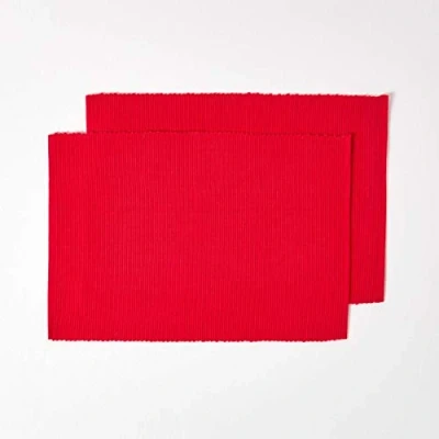Image of HOMESCAPES Two Placemats Red 100% Ribbed, hand loom Cotton 12 x 18 Inch (30 45 cm) Easy care Washable at 40 Deg C