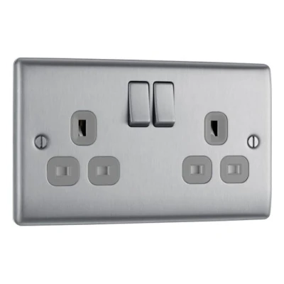 Image of BG Electrical Double Switched Power Plug Wall Socket, Nexus Metal, Brushed Steel, Grey Inserts, 13A, NBS22G