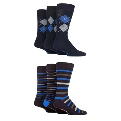 Image of Farah Mens Patterned Bamboo Socks Plain, Argyle for Everyday Wear, Suit Socks, Soft Breathable Cooling, 6 Pair Multipack Size 11 Navy Pattern