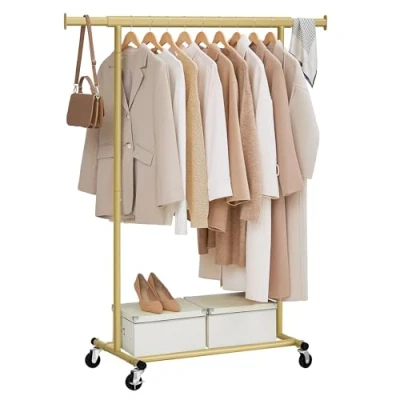Image of SONGMICS Clothes Rack on Wheels, Heavy Duty Rail, with Extendable Hanging 90 kg Load Capacity, Easy Assembly, Portable, Pale Gold HSR013A01