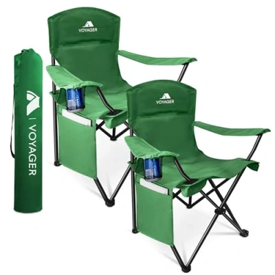 Image of Voyager Folding Camping Chair 2 Pack, Lightweight with Pocket and Drinks Holder, Holds up to 120kg Each, Easy Transport, Foldable Outdoor Set Green