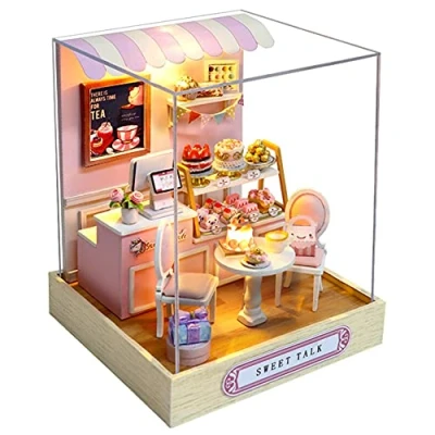 Image of erhumama Miniature Cake Store Handmade Crafts Dollhouse With Dust Cover Furniture LED Light Kits DIY Wooden 3D Dolls House Accessories Boys Girls Kid Christmas Birthday Gift