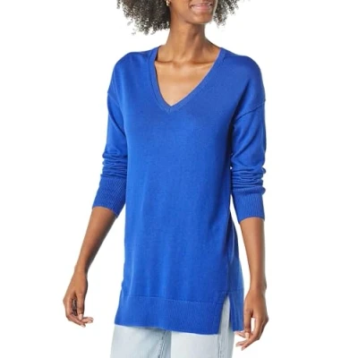 Image of Amazon Essentials Women&#039;s Lightweight Long Sleeved V Neck Tunic Sweater (Available in Plus Size), Bright Blue, M