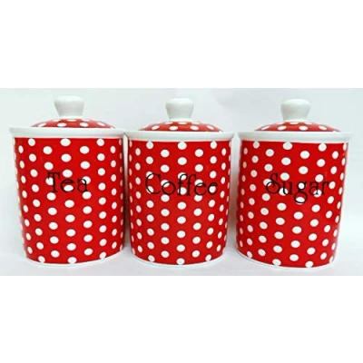 Image of Red Dots Tea Coffee Sugar Canisters Fine Bone China Storage Jars Hand Decorated in The U.K.