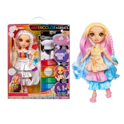 Image of Rainbow High Watercolour &amp; Create DIY Fashion Doll with Washable Watercolours and Tie Dye Kit Brown Eyes, Curled Hair, Extra Top Shoes Colour, Create, Play, Rinse Repeat Kids 4 12+ Years