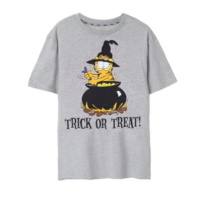 Image of Garfield Adults T Shirt Trick Or Treat Halloween Grey Short Sleeve Graphic Tee for Cartoon Comfortable Seasonal Black Top 90s Nostalgic Merchandise Gift Men and Women