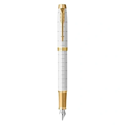 Image of Parker IM Fountain Pen Premium Pearl Lacquer with Gold Trim Medium Point Blue Ink Cartridge Gift Box