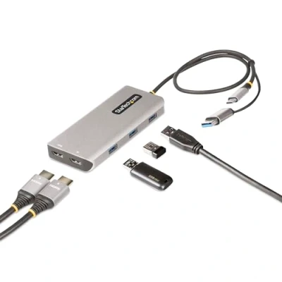 Image of StarTech.com USB C Multiport Adapter w/Attached to A Dongle, Dual HDMI (4K30Hz/1080p60Hz), 3x 5Gbps, Mini Travel Dock, Laptop Docking Station, 1.3ft/40cm Cable (167B USBC MULTIPORT)