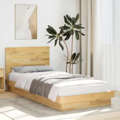 Image of vidaXL bed frame with headboard solid oak wood single 75x190 cm modern brown slatted base and storage space under for bedroom use