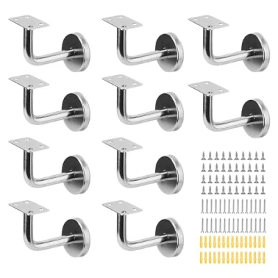 Image of ZEONHAK 10 PCS Silver Stair Handrail Brackets, 60 x 80mm Stainless Steel Bannister Rail Wall Mounted Fixing Brackets with Screws &amp; Expansion Tubes for