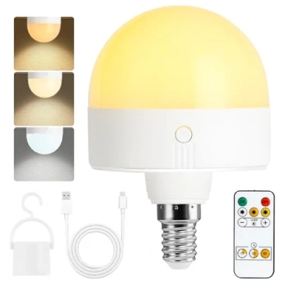 Image of Psatfito Rechargeable Light Bulb with Timer and Remote, Dimmable Battery Bulbs Magnetic Base, E14 Detachable Charging LED Bulb, Non Hardwired Lamps 3 Color Temperatures