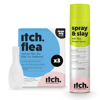 Image of Itch l Flea &amp; Tick Treatment for Large Dogs 20kg 40kg Household Spray Kills Fleas, Lice, Ticks, Eggs and Larvae Odourless 500ml Pack of 3 Pipettes