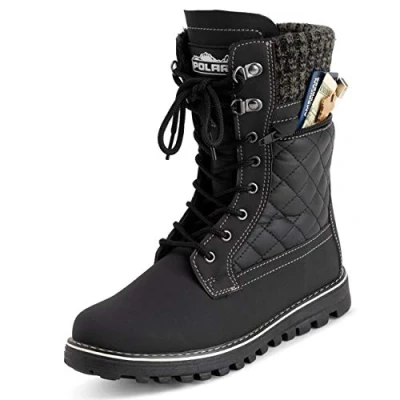 Image of Polar Womens Memory Foam Outside Pocket Inside Zip Thermal Waterproof Deep Tread Rubber Sole Snow Boots Black Leather UK8/EU41 YC0620