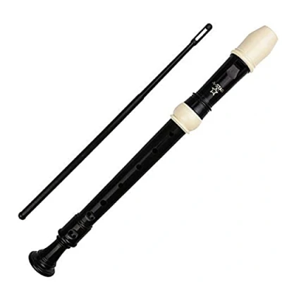 Image of A Star Soprano/Descant School Recorder Instrument, English/Baroque Fingering Key of C with Learning Chart, Bag, Cleaning Rod Brown &amp; White