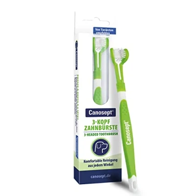 Image of Canosept 3 headed dog toothbrush breath freshener teeth cleaning products plaque remover for dogs off