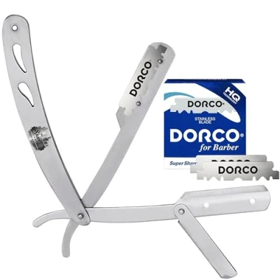 Image of The Shave Factory Traditional Shaving Set Metal Straight Razor &amp; 100 DORCO Single Edge Blades Ideal Kit For Professional Barbers And Enthusiasts