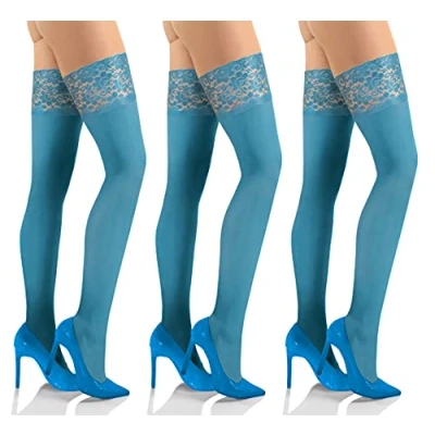 Image of Sesto Senso 3 Pack Womens Hold Ups Stockings 50 Denier Microfiber Opaque Sexy Lace Top Dark Turquoise 1/2 Petrol