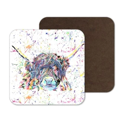 Image of Vixar Coaster Highland Cow Scottish Farm Animals Coasters Watercolour Art Gift Work Office Dining Tea coffee (1)