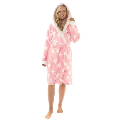 Image of Personalised Womens Ladies Dressing Gown Star Printed Fleece Soft Hooded Robe (Pink, 12 14)