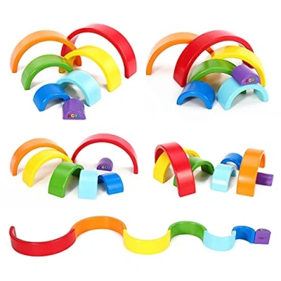 Image of SOKA Play Imagine Learn Wooden Rainbow Stacker Learning Toy Educational Creative Montessori Fun Building Blocks Puzzle Stacking 7PCS Kids Children Boy Girl Ages 3 year old +