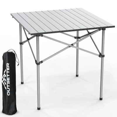 Image of Portable Aluminium Camping Table, Lightweight Outdoor Table Folding Steel Frame with Roll Up Top Carry Bag, Compact Stable Foldable for Garden, Beach, Hiking,Picnic (70 x 70 70cm)