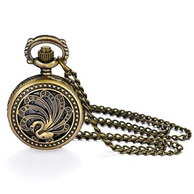 Image of JewelryWe Peacock Pocket Watch Classic Steampunk Fob Half Hunter Quartz Watches Retro Bronze Pendant Necklace for Men Women