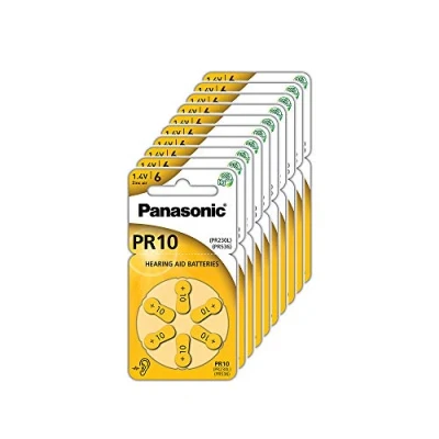 Image of Panasonic PR10 Zinc Air batteries for hearing aids, type 10, 1.4V, aid batteries, 10 packs (60 batteries) yellow