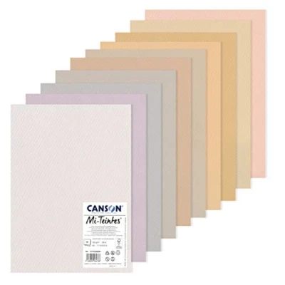 Image of CANSON Mi Teintes Coloured Drawing 160gsm A3 Paper Pack, Double Sided: Honeycomb &amp; Fine Grain, 10 Pastel Colours Sheets, Ideal for Professional Artists Illustrators