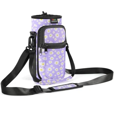 Image of Nuovoware Water Bottle Carrier Bag, 750ml Pouch Holder, Adjustable Shoulder Hand Strap 2 Pocket Sling Neoprene Sleeve Sports Accessories for Hiking Travelling, PurpleDaisy