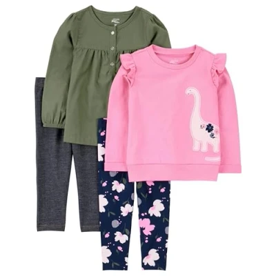 Image of Simple Joys by Carter&#039;s Girls&#039; 4 Piece Long Sleeve Shirts and Pants Playwear Set, Black/Navy Floral/Olive/Pink Dinosaur, 5 Years