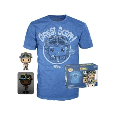 Image of Funko Pop! &amp; Tee: BTTF Doc With Helmet Medium Back to the Future T Shirt Clothes Collectable Vinyl Figure Gift Idea Toys and Short Sleeve Top for Adults Unisex Men