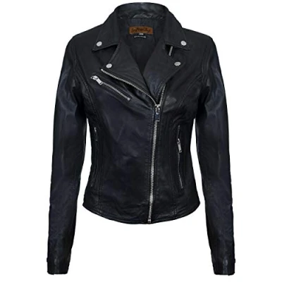 Image of Ladies Leather Jacket Classic Biker Style Black Real Womens S
