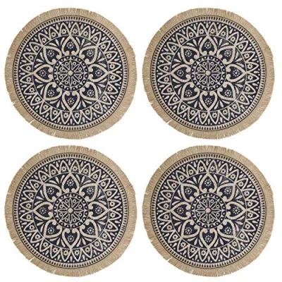 Image of Creative Tops Set of 4 Jute Placemats with Mandala Design, Natural Printed Hessian Round Table Mats, Blue, 41cm