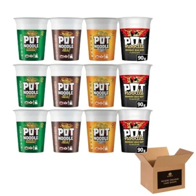 Image of Noodle Multipack 12 3x Beef &amp; Tomato, Chicken Mushroom, Curry, Bombay Bad Boy Quick and Easy Instant Noodles, Ready Meal, Snack for Home, Office, Student, Camping, Travel 90g Pots