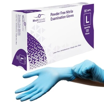 Image of MediHands Nitrile Gloves Large, Blue Heavy Duty Disposable Gloves, Powder Free, Latex and Protein Medical, Food, Multi Use, Pack of 100